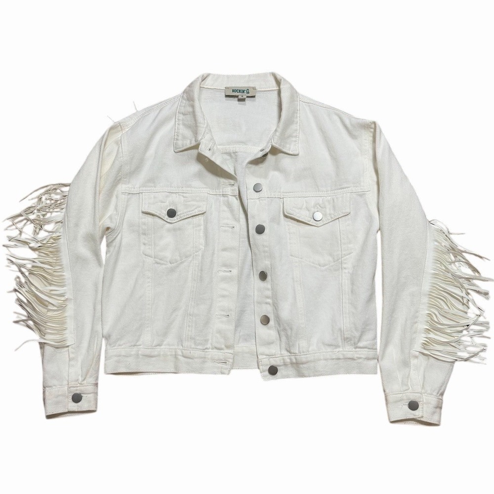 Rockin' C Jacket‎ Womens Size S White Fringe Cropped Trucker Western